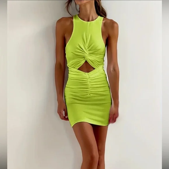 🆕 Neon Green Cut-Out Mini Dress - Crisscross Back - Picture 3 of 4